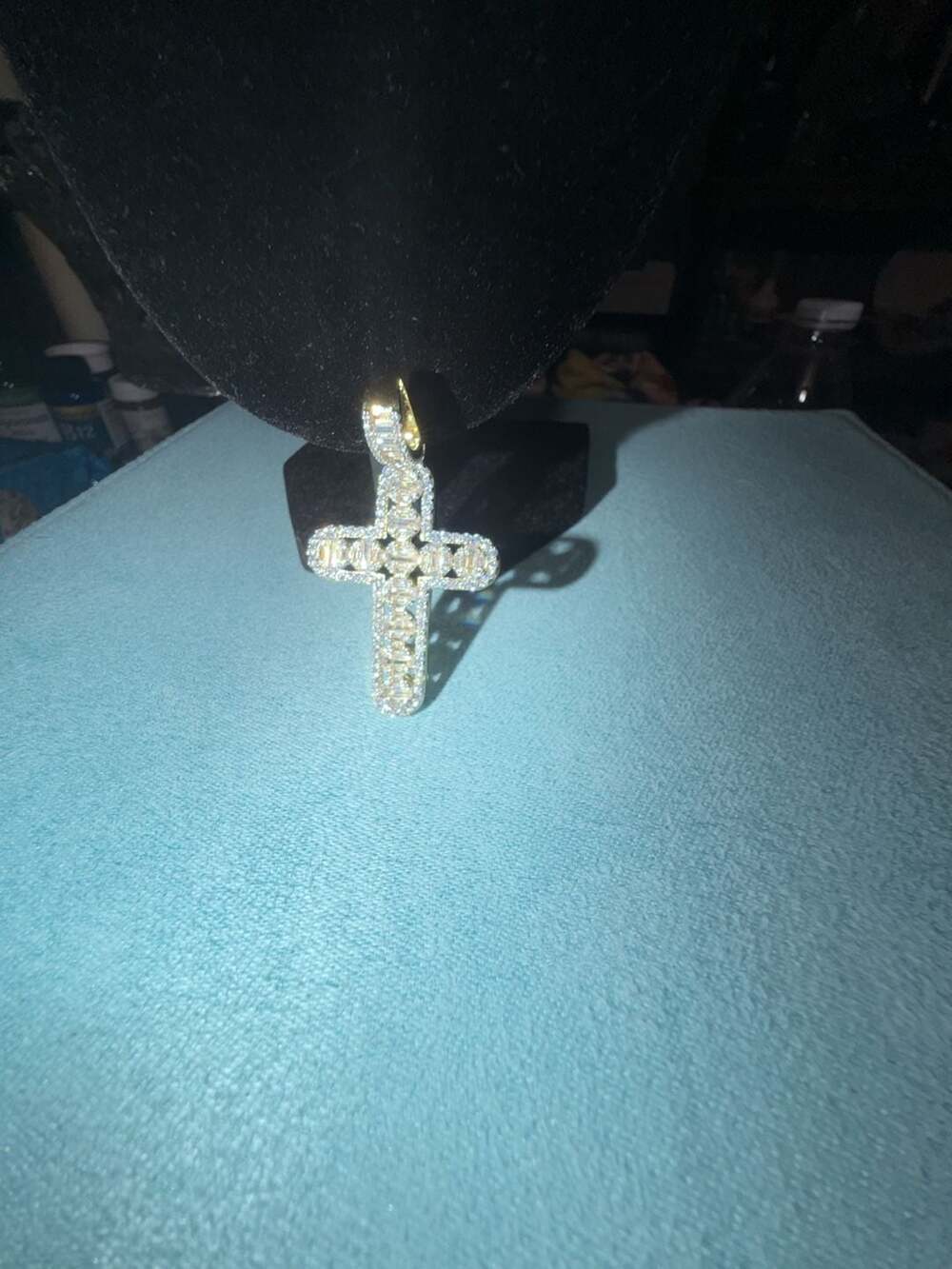 Thermal infused 14k over brass Baguette and Round ice cz stones Cross Pendant